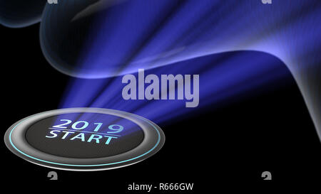 3D Rendering del nuovo anno 2019 illuminazione blu con btn per premere e avviare Foto Stock