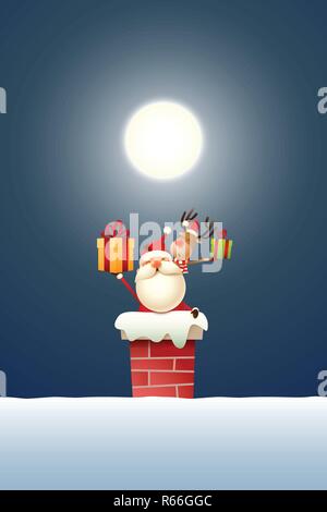 Babbo Natale e la renna sul camino con doni - blu scuro dello sfondo chiaro di luna Illustrazione Vettoriale