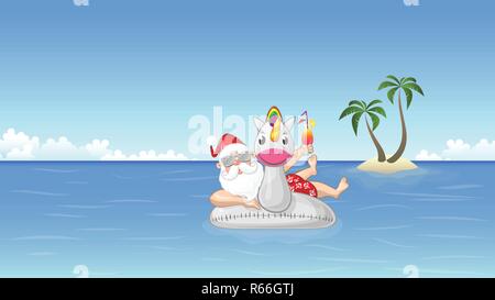 Babbo Natale sul gonfiabile galleggiante unicorn gode le vacanze estive Illustrazione Vettoriale