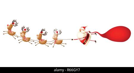 La renna tirando Santa Claus - molto carino divertente illustrazione di Natale isolato su bianco Illustrazione Vettoriale