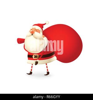 Felice Babbo Natale a piedi con doni sacco sulle spalle - isolato su sfondo bianco Illustrazione Vettoriale