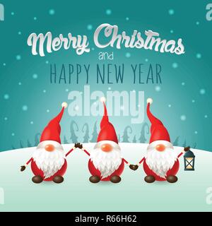 Buon Natale e felice Anno Nuovo biglietto di auguri - Scandinavian gnomi sul paesaggio invernale Illustrazione Vettoriale