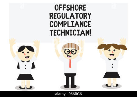 Parola di scrittura di testo Offshore di conformità alle normative tecnico. Il concetto di business per il petrolio e il gas industria ingegneria tre ragazzi delle scuole con entrambe le braccia Ra Foto Stock