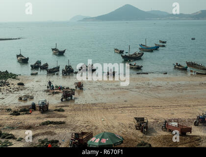 Barche da pesca di cattura di scarico a Qingdao Foto Stock