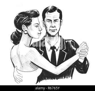 Danze di coppia. L'inchiostro bianco e nero disegno Foto Stock