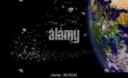Spazzatura spaziale in orbita intorno alla Terra, pericolosi detriti orbitanti intorno al pianeta blu Foto Stock