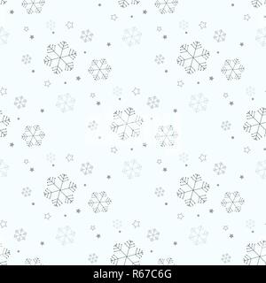 Natale e Anno Nuovo modello senza giunture, fiocchi di neve illustrazione di linea. Icone vettoriali di vacanze invernali, la stagione fredda nevicata. Festa bianco nero sfondo ripetute. Illustrazione Vettoriale
