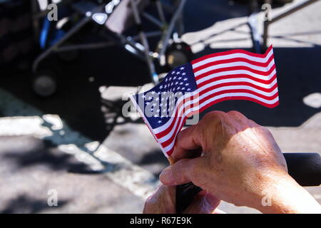 Mani di invecchiamento di un vecchio veterano che tiene una piccola bandiera americana durante un giorno memoriale della parata. Foto Stock