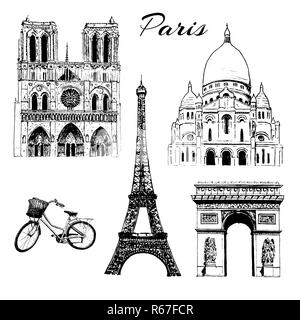 Paris Sightseeing set. Torre Eiffel, Arc de Triomphe e dalla Basilica del Sacré Coeur e la Cattedrale di Notre Dame, in bicicletta. La Francia. Mano di vettore bozzetto Foto Stock