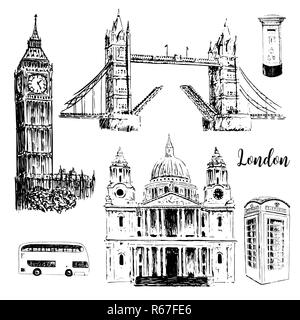 Simboli di Londra: San Paolo, la cattedrale, il Big Ben e il Tower Bridge. Bella disegnati a mano disegno vettoriale illustrazione. Foto Stock