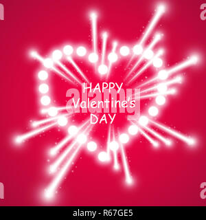 Cuore delle lampade ith fuochi d'artificio luminoso su sfondo rosa. Valentines Day card. Cuore con iscrizione ti amo. Illustrazione Vettoriale Foto Stock