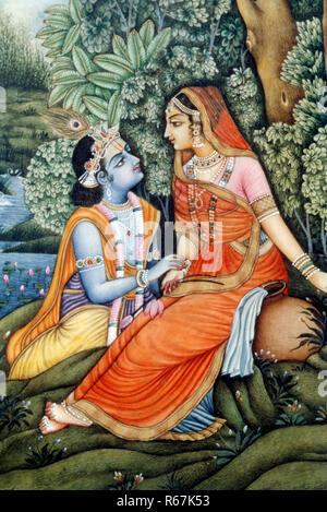 Radha Krishna seduta in giardino, pittura in miniatura, India, Asia Foto Stock