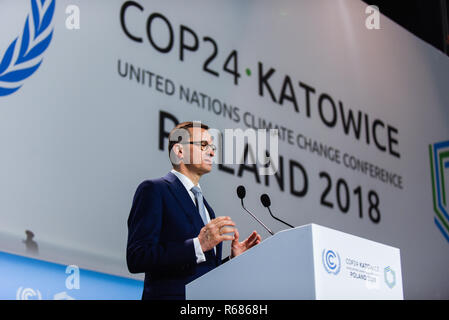 Katowice in Polonia. 4° dic, 2018. Il Primo Ministro polacco Mateusz Morawiecki visto parlando durante una sessione plenaria sul COP24 Conferenza ONU sui Cambiamenti Climatici 2018. Credito: Omar Marques/SOPA Immagini/ZUMA filo/Alamy Live News Foto Stock