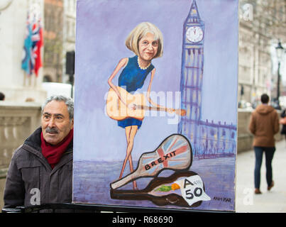 Londra, Regno Unito. 04 Dic, 2018. Artista satirico, Kaya Mar, con il suo ritratto di Theresa Maggio e la sua posizione Brexit Credito: Tommy Londra/Alamy Live News Foto Stock