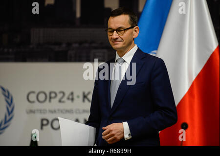 Katowice in Polonia. 4° dic, 2018. Mateusz Morawiecki, Polonia il Primo Ministro visto arrivare ad una conferenza stampa durante la COP24 Conferenza ONU sui Cambiamenti Climatici 2018. Credito: Omar Marques/SOPA Immagini/ZUMA filo/Alamy Live News Foto Stock