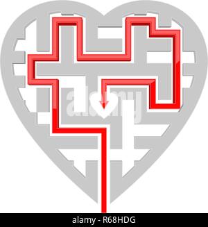 Forma di cuore labirinto con percorso rosso al centro Illustrazione Vettoriale
