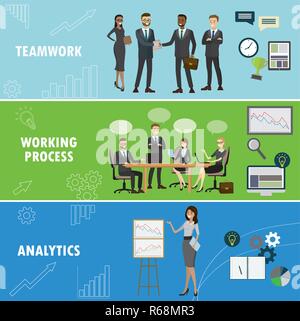 Impostare business banner. Ufficio del lavoro di squadra, creative strategia di pianificazione e di risultati analitici.Cartoon illustrazione vettoriale Illustrazione Vettoriale
