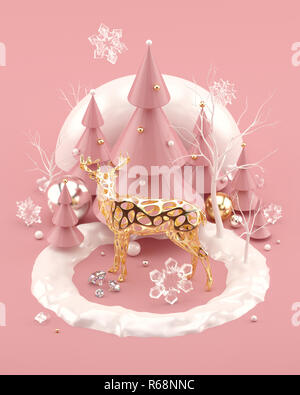 Oro rosa illustrazione di Natale con golden deer decorate di alberi di Natale e i fiocchi di neve. Foto Stock