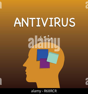 La scrittura della nota mostra Antivirus. Business photo presentazione di software progettato per rilevare e distruggere i virus informatici nota adesiva analisi viso Profilo S Foto Stock
