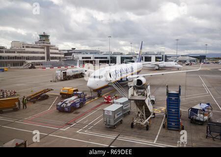 Un aereo Ryanair in aeroporto il grembiule al terminale in attesa per i passeggeri a bordo Foto Stock