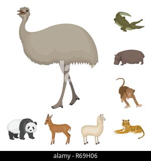 Diversi animali cartoon icone nella raccolta di set per il design. Bird, predator e erbivoro simbolo vettore illustrazione stock. Illustrazione Vettoriale