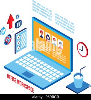 Luogo di lavoro elementi isometrico impostato con successo il concetto di business illustrazione vettoriale Illustrazione Vettoriale