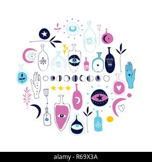 Disegnata a mano magica mistica esoterica elementi isolati su sfondo bianco Raccolta di vettore di elementi di design segni spirituale simboli Sole Luna terzo e Illustrazione Vettoriale