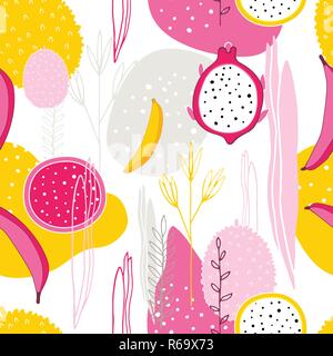 Esotici e coloratissimi frutti tropicali Frutta Dragone Pitaya Pitahaya banane fiori foglie elementi astratti perfetta configurazione di sfondo unico disegnato a mano st Illustrazione Vettoriale