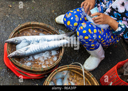 Venditore ambulante in tinta, Vietnam tradizionale mercato del pesce gente che vende pesce fresco sul marciapiede. Foto Stock