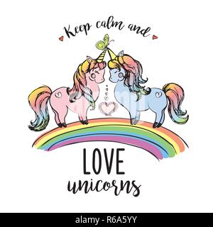 Paio di unicorns permanente sulla rainbow con iscrizione,disegnato a mano illustrazione vettoriale Illustrazione Vettoriale