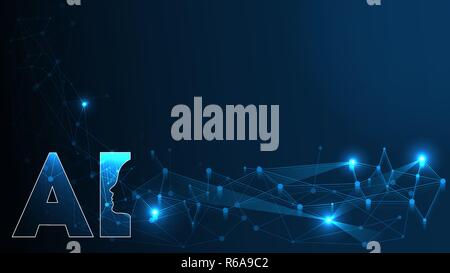 Intelligenza artificiale ai concept futuristico. Grande umana per la visualizzazione di dati con Cyber mente. Macchina di apprendimento profondo. Plexus astratta connessioni di rete sullo sfondo. Illustrazione Vettoriale