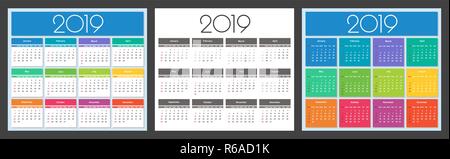 Calendario anno 2019. Insieme colorful. Semplice template vettoriale Illustrazione Vettoriale