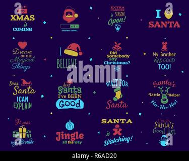 Citazioni di Natale set. Divertente natale e felice anno nuovo tipografia arti. I colori dei trend. Io amo la santa segnali ecc. Stock illustrazione vettoriale isolato su sfondo scuro Illustrazione Vettoriale