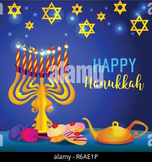 Happy Hanukkah holiday concetto dello sfondo. Cartoon illustrazione di happy hanukkah vacanza concetto vettoriale sfondo per web design Illustrazione Vettoriale