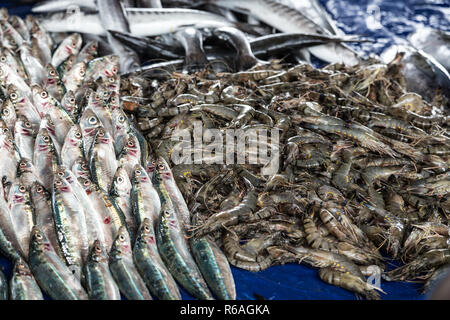 Pesce fresco nel mercato asiatico. Varie pesce e frutti di mare freschi al mercato del pesce Foto Stock