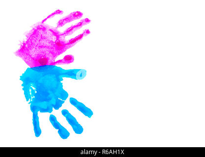 Colorata per bambini handprints isolato su bianco con copia spazio. Mondo autismo consapevolezza giorno concetto. Foto Stock