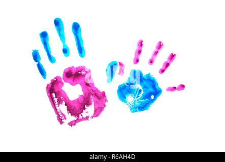 Colorata per bambini handprints isolati su sfondo bianco. Mondo autismo consapevolezza giorno concetto. Foto Stock