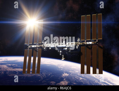 Sun riflettente in pannelli solari della Stazione Spaziale Internazionale. 3D'illustrazione. Foto Stock