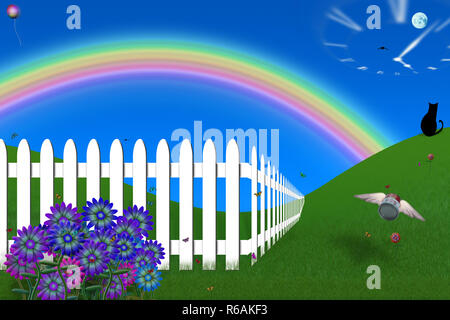 Composizione surreale. Assurda con cortile recinto bianco, alato possono di zuppa, gatto nero e orologio nel cielo. Foto Stock