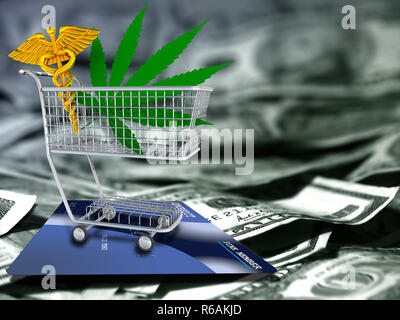 Foglia di marijuana e il caduceo in un carrello. US dollari e carta di credito. Foto Stock
