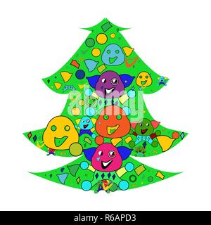 Maiale divertente natalizio multicolore su un albero di Natale verde. Illustrazione Vettoriale