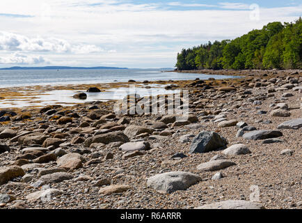 Distesa di rocce e una spiaggia di ghiaia sul litorale di Sears isola nel Maine su un nuvoloso giorno d'estate. Foto Stock