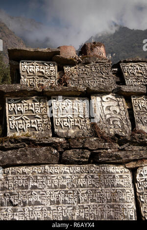 Il Nepal, Lukla, Chheplung, mantra buddista sulle mani da parete a metà del percorso per Phakding Foto Stock