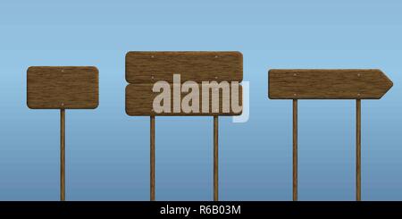 Illustrazione realistica insieme di cartello in legno su un bastone con un cielo blu di sfondo - vettore isolato con spazio per il testo Illustrazione Vettoriale