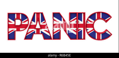 Panic parola fatta da union jack flag lettering. Il rendering 3D Foto Stock