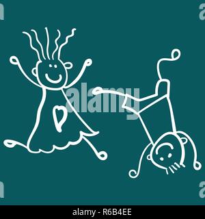 Bambini che giocano - Boy è in piedi sulla sua testa e una ragazza è correre verso di lui. Lo stile di disegno per bambini. Illustrazione Vettoriale. Schizzo su Illustrazione Vettoriale