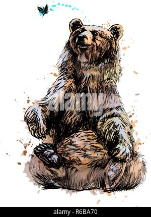 Orso bruno seduto e giocare con farfalla da una spruzzata di acquerelli Illustrazione Vettoriale