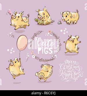 Set di carino piccolo maiale giallo in diverse pose. Salvadanaio di ballo, suino con il palloncino. Anno nuovo simbolo del calendario cinese. L'anno del maiale. Illustrazione Vettoriale