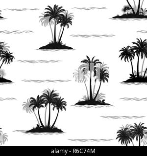 Esotici Pattern senza giunture, oceano tropicale paesaggistico, isole con palme e alberi onde, grigio e nero Silhouettes isolata sulla piastrella sfondo bianco. Vettore Illustrazione Vettoriale