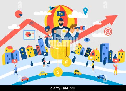 Banca Economia dello sviluppo della strategia. Soluzioni commerciali per gli investimenti, il concetto di analisi. Analisi delle vendite, statistica di dati crescono, contabili ed infografico. Depositi economico piatto illustrazione isometrica Illustrazione Vettoriale